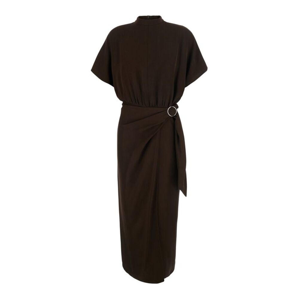 Rame Women Brown High-Neck Dress With Front Buckle Belt In Fabric For Women